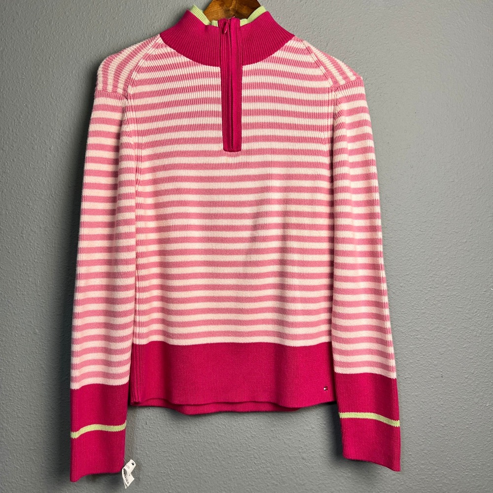 Tommy Hilfiger 1/4 Zip Pink Pullover Striped Cotton Sweater Preppy Colorblock Lg